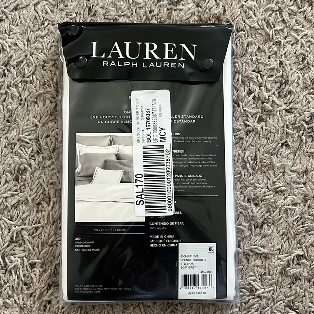 Lauren Ralph Lauren Spencer Sateen Border Sham in White/Sift Grey, Standard NWT